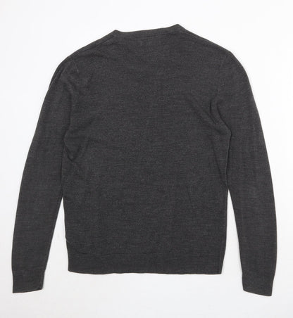 Atlantic Bay Mens Grey V-Neck Acrylic Pullover Jumper Size L Long Sleeve