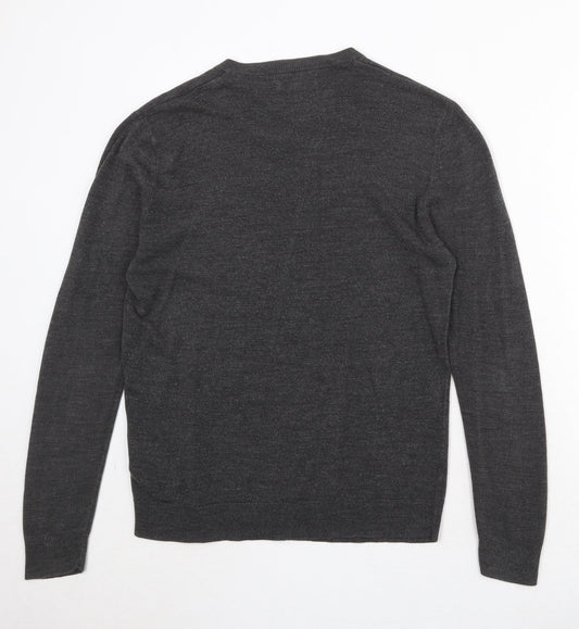 Atlantic Bay Mens Grey V-Neck Acrylic Pullover Jumper Size L Long Sleeve