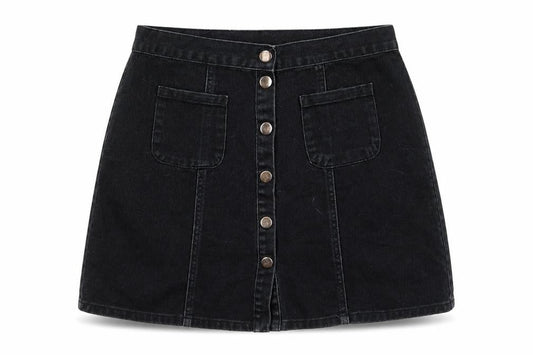 Front view of Cooperative women’s black cotton a-line skirt, size M, snap