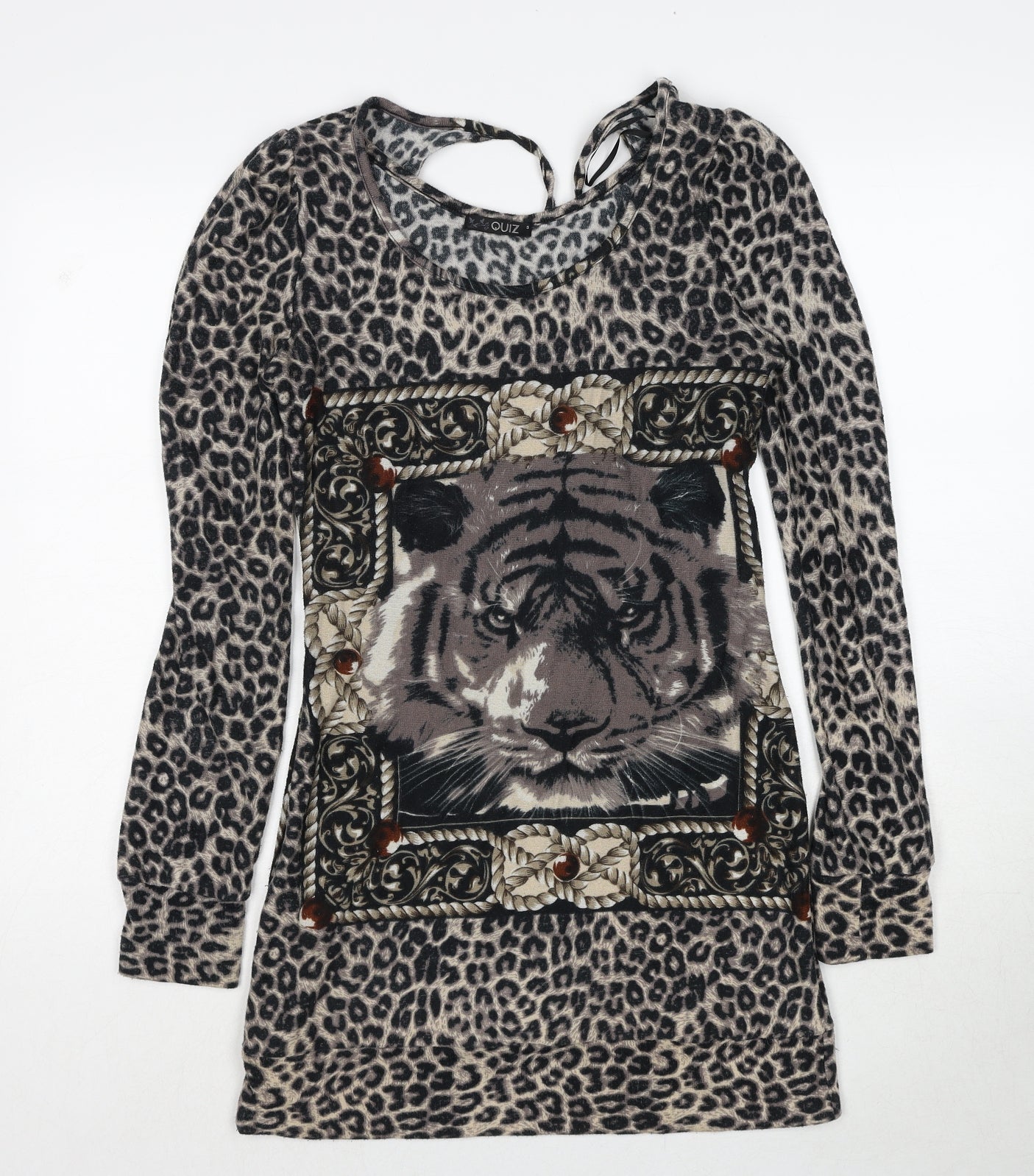 Quiz Womens Black Animal Print Polyester A-Line Size S Round Neck Pullover - Leopard Pattern Lion Print