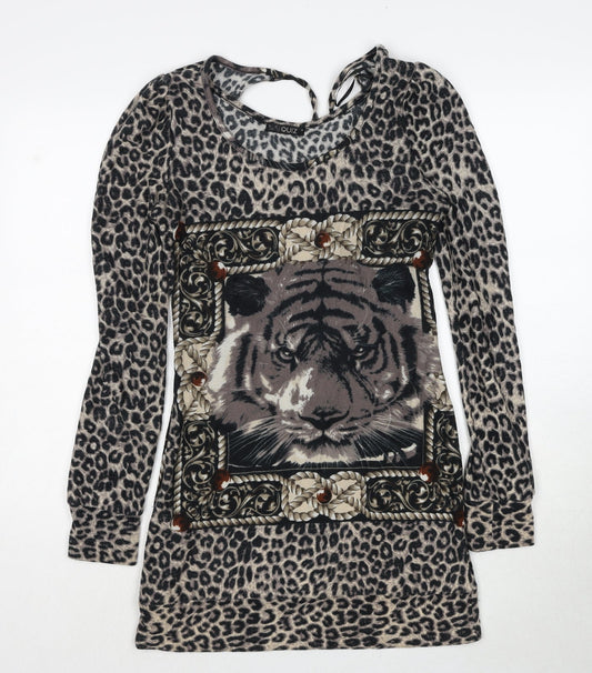 Quiz Womens Black Animal Print Polyester A-Line Size S Round Neck Pullover - Leopard Pattern Lion Print