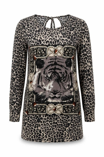 Quiz Womens Black Animal Print Polyester A-Line Size S Round Neck Pullover - Leopard Pattern Lion Print