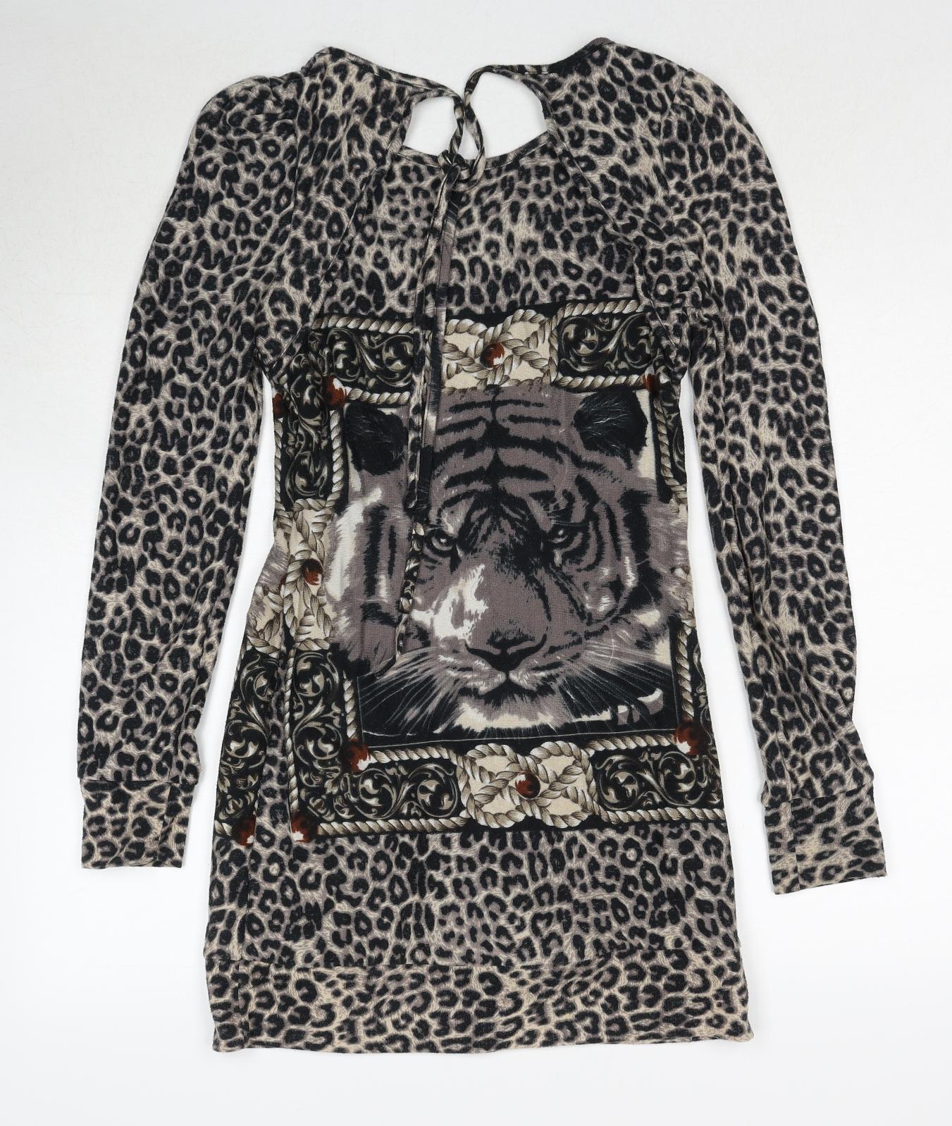 Quiz Womens Black Animal Print Polyester A-Line Size S Round Neck Pullover - Leopard Pattern Lion Print