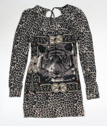 Quiz Womens Black Animal Print Polyester A-Line Size S Round Neck Pullover - Leopard Pattern Lion Print