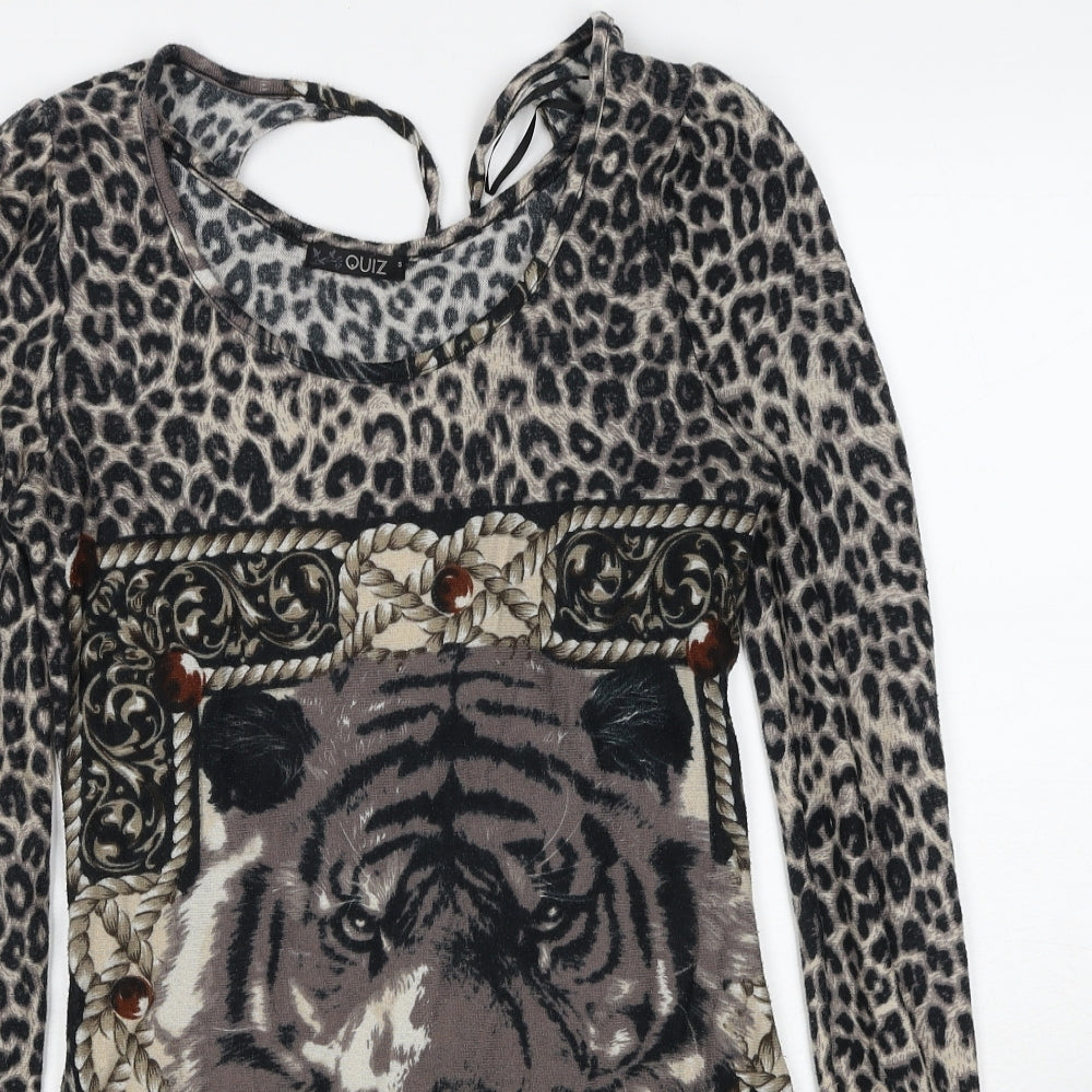 Quiz Womens Black Animal Print Polyester A-Line Size S Round Neck Pullover - Leopard Pattern Lion Print