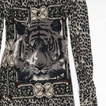 Quiz Womens Black Animal Print Polyester A-Line Size S Round Neck Pullover - Leopard Pattern Lion Print