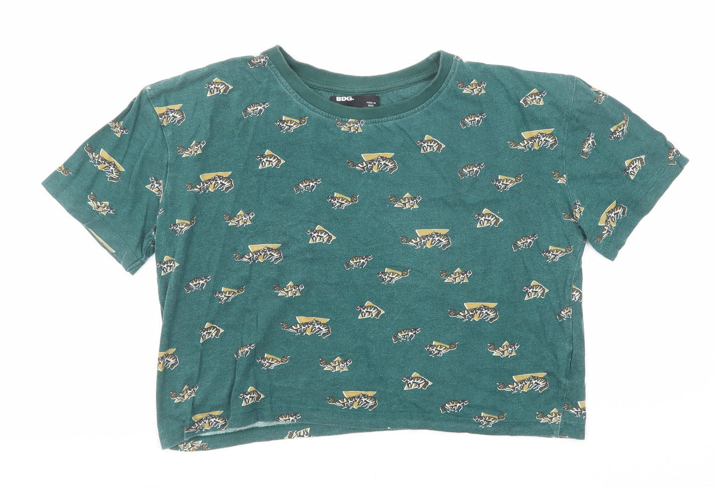 BDG Womens Green Geometric Cotton Basic T-Shirt Size 2XS Round Neck