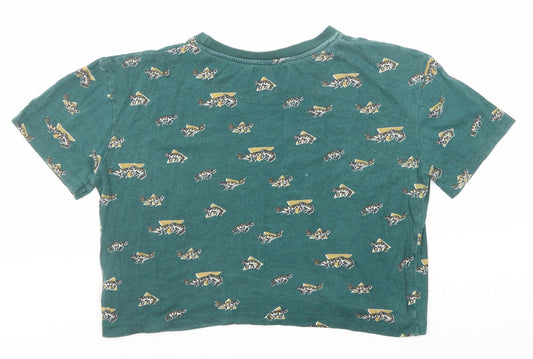 BDG Womens Green Geometric Cotton Basic T-Shirt Size 2XS Round Neck