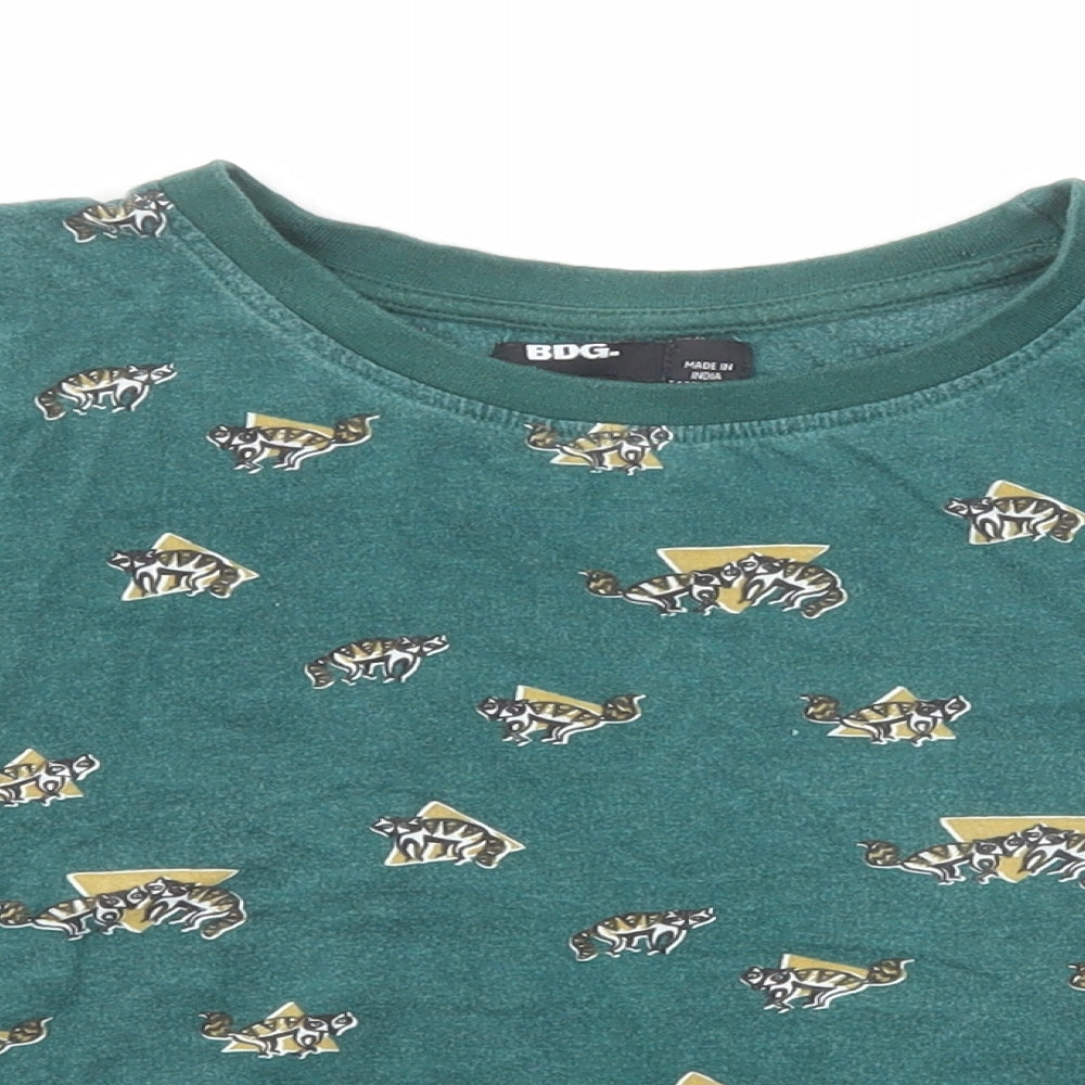 BDG Womens Green Geometric Cotton Basic T-Shirt Size 2XS Round Neck