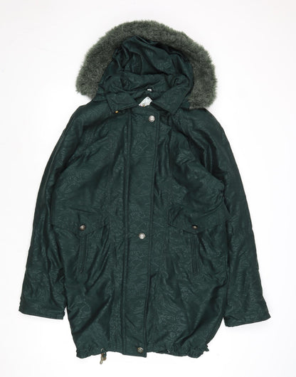 Klass Womens Green Geometric Parka Coat Size S Zip
