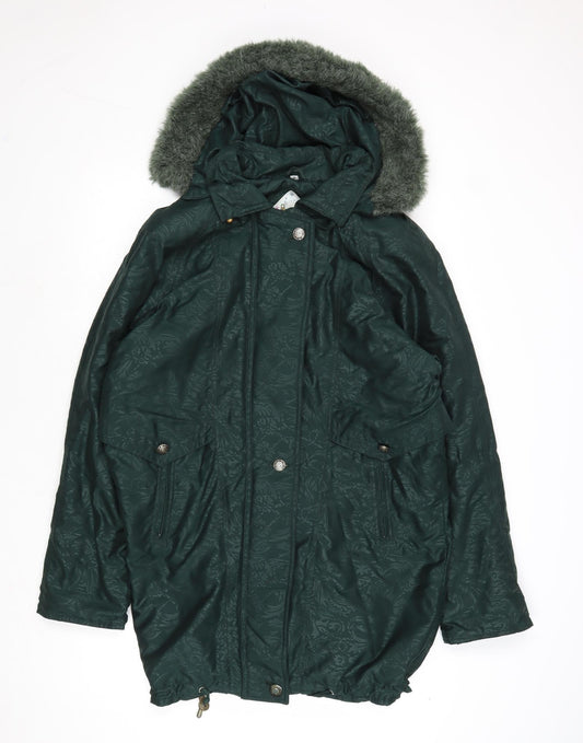 Klass Womens Green Geometric Parka Coat Size S Zip