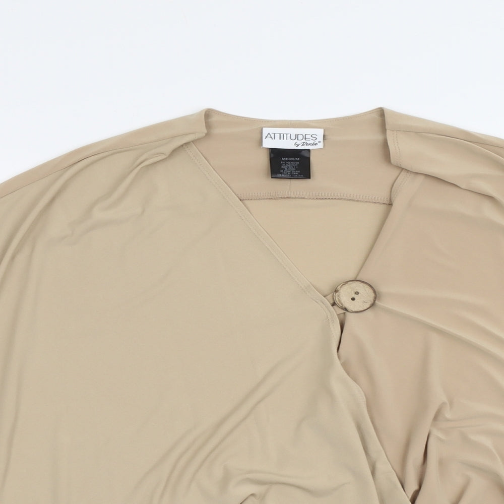 Attitudes Womens Beige Polyester Basic Blouse Size M V-Neck