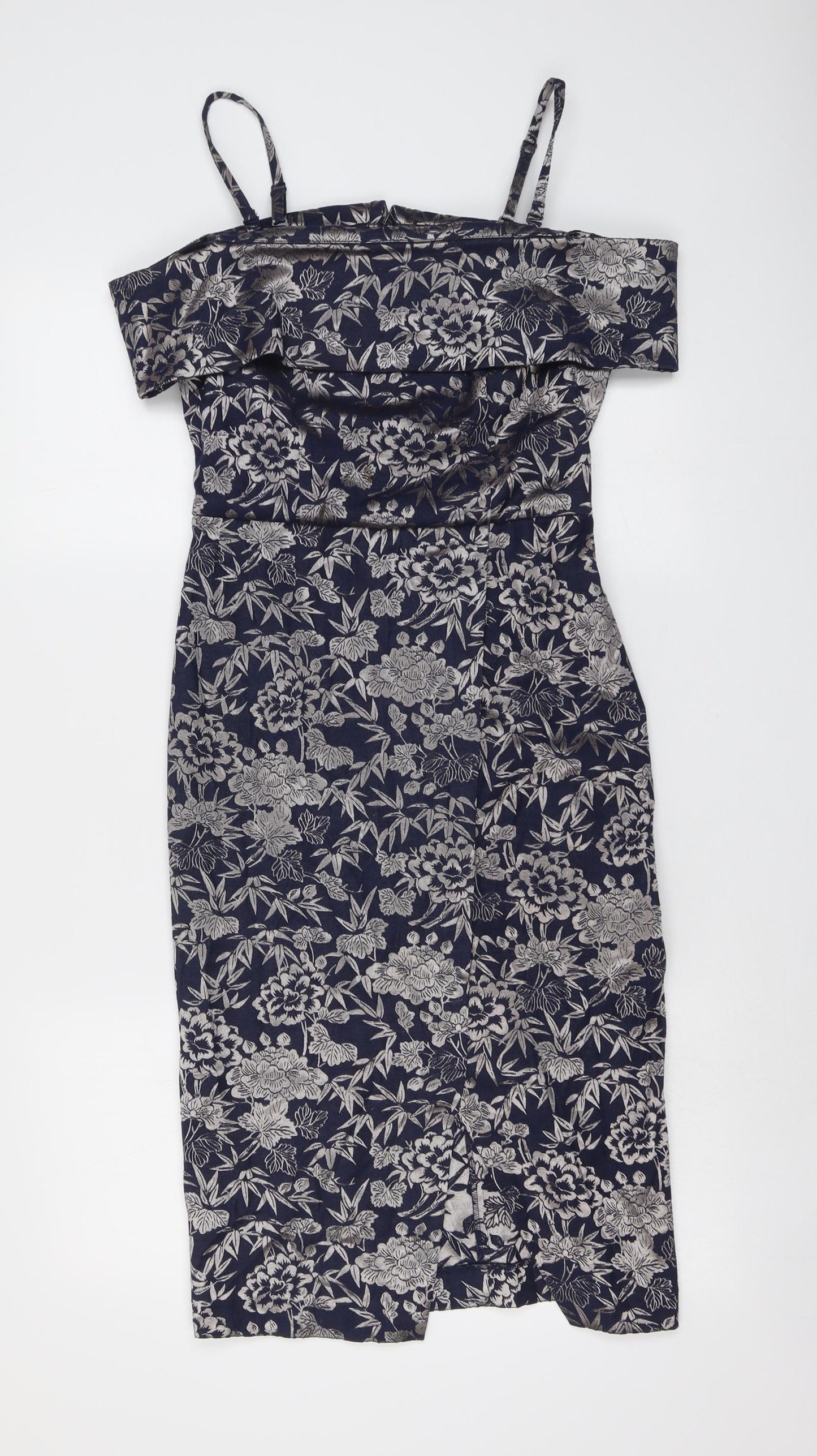 Oasis Womens Blue Floral Cotton Bodycon Size 8 Off the Shoulder Zip