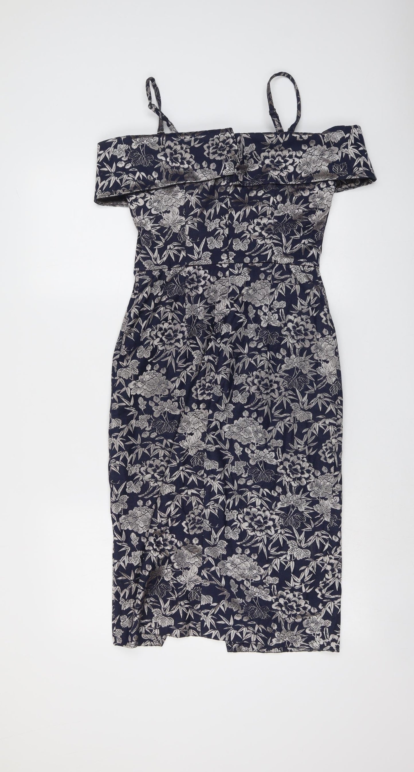 Oasis Womens Blue Floral Cotton Bodycon Size 8 Off the Shoulder Zip