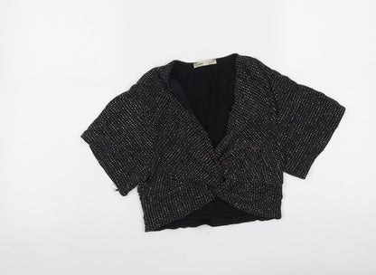 Zara Womens Black Polyester Cropped Blouse Size M V-Neck