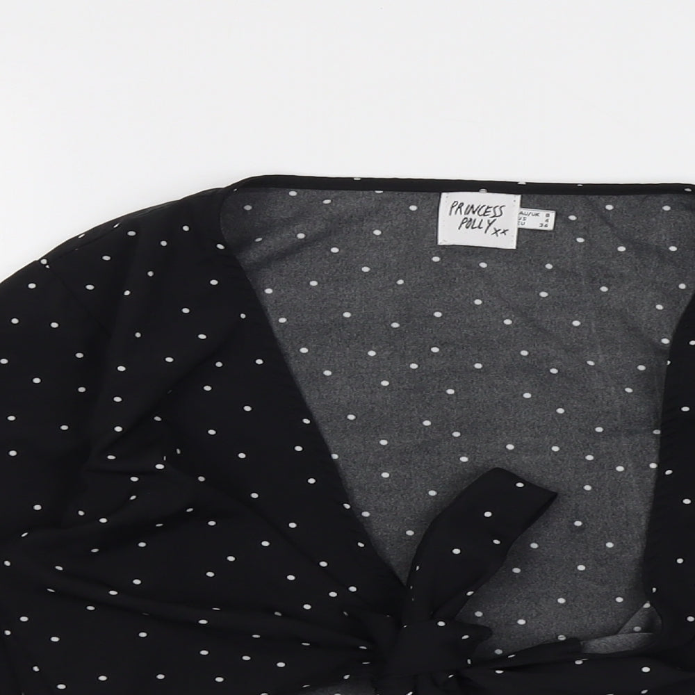 Princess Polly Womens Black Polka Dot Polyester Cropped Blouse Size 8 V-Neck
