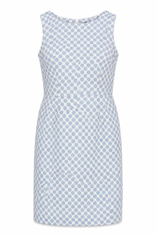 Front view of Principles women’s blue polka dot polyester a-line, size UK 12, round neck zip