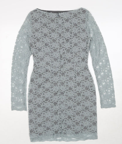 Jones+Jones Womens Blue Floral Polyester A-Line Size 8 Boat Neck Zip