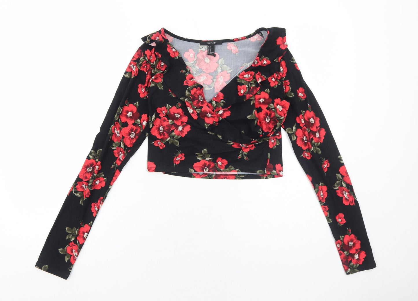 FOREVER 21 Womens Black Floral Polyester Cropped Blouse Size L V-Neck