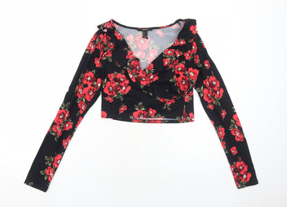 FOREVER 21 Womens Black Floral Polyester Cropped Blouse Size L V-Neck