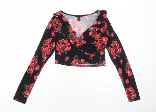 FOREVER 21 Womens Black Floral Polyester Cropped Blouse Size L V-Neck