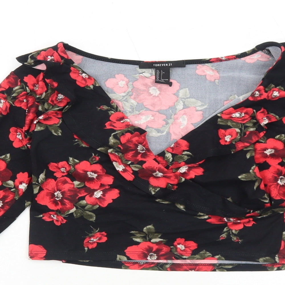 FOREVER 21 Womens Black Floral Polyester Cropped Blouse Size L V-Neck