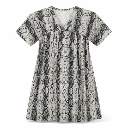 Front view of ASOS women’s multicoloured animal print polyester skater dress, size UK 10, v-neck pullover - snakeskin pattern