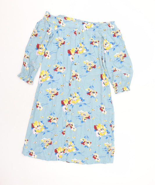 NEXT Womens Blue Floral Viscose A-Line Size 6 Off the Shoulder Pullover