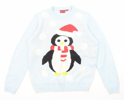 Avenue Womens Blue Round Neck Polka Dot Acrylic Pullover Jumper Size S - Penguin Christmas