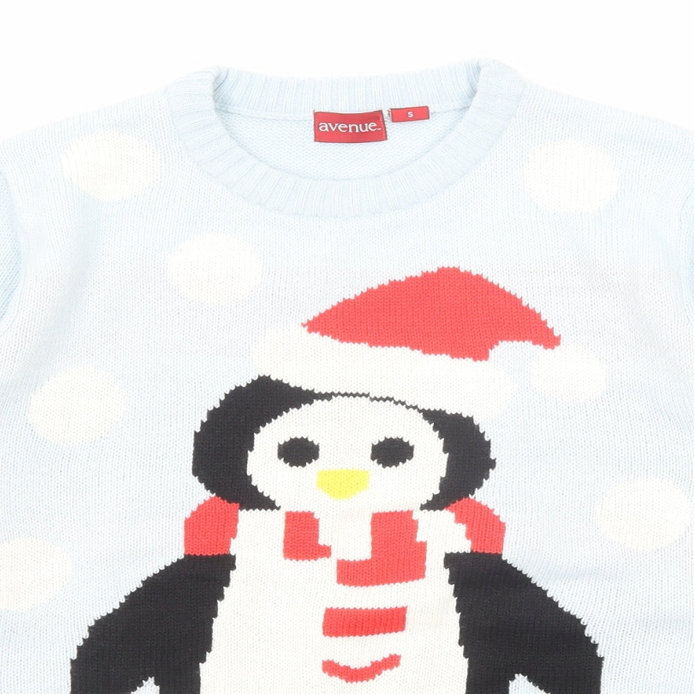 Avenue Womens Blue Round Neck Polka Dot Acrylic Pullover Jumper Size S - Penguin Christmas