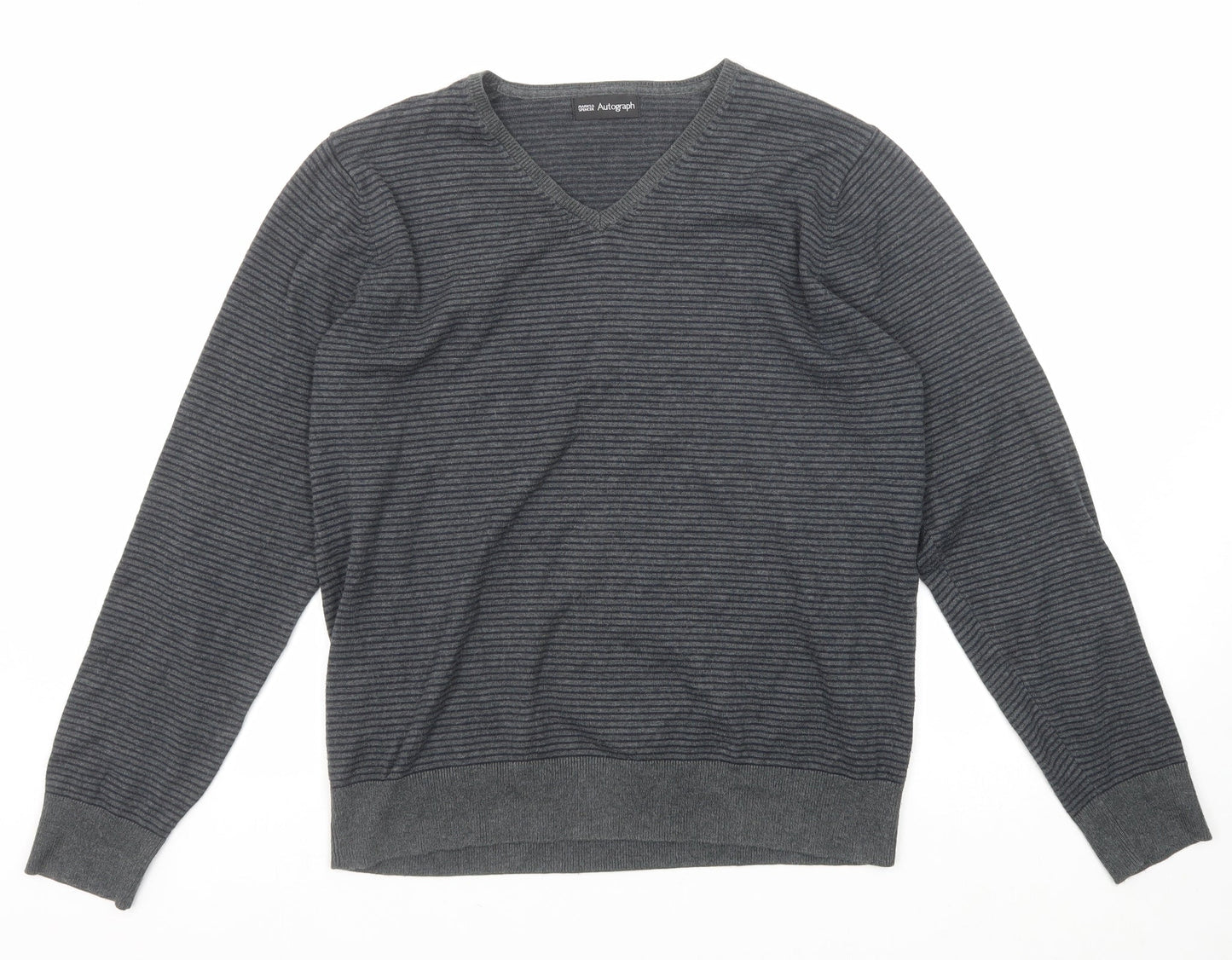 Autograph Womens Grey V-Neck Striped Cotton Pullover Jumper Size M