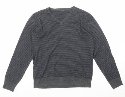 Autograph Womens Grey V-Neck Striped Cotton Pullover Jumper Size M