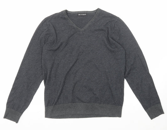 Autograph Womens Grey V-Neck Striped Cotton Pullover Jumper Size M