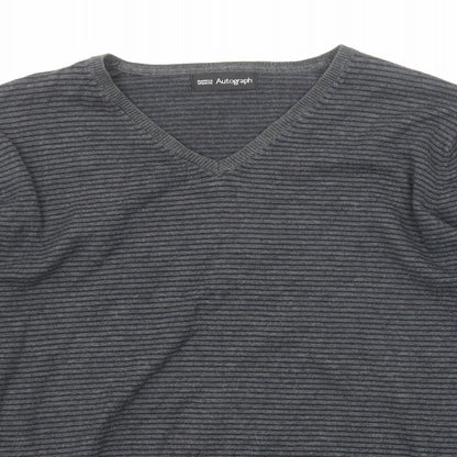 Autograph Womens Grey V-Neck Striped Cotton Pullover Jumper Size M