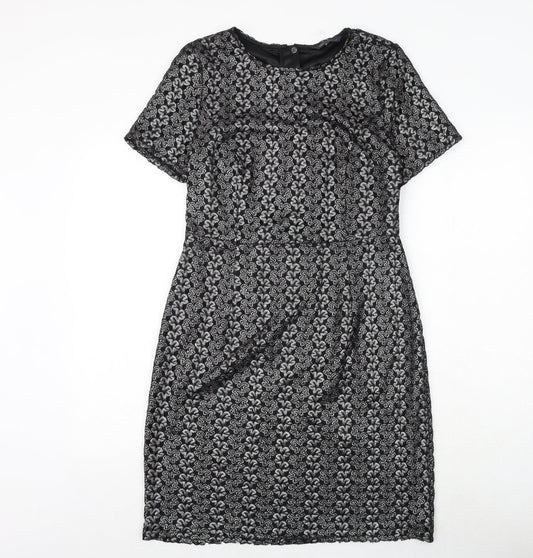 Marks and Spencer Womens Black Geometric Polyester A-Line Size 12 Round Neck Zip