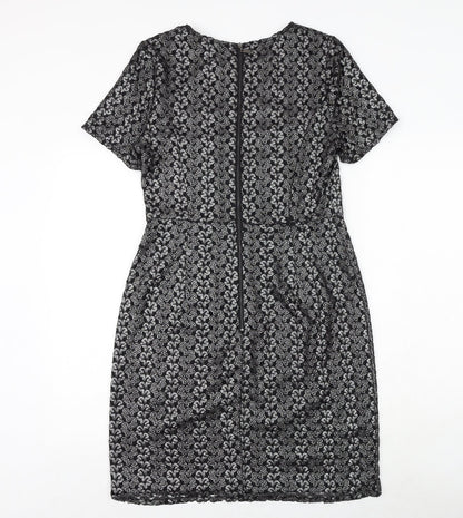 Marks and Spencer Womens Black Geometric Polyester A-Line Size 12 Round Neck Zip