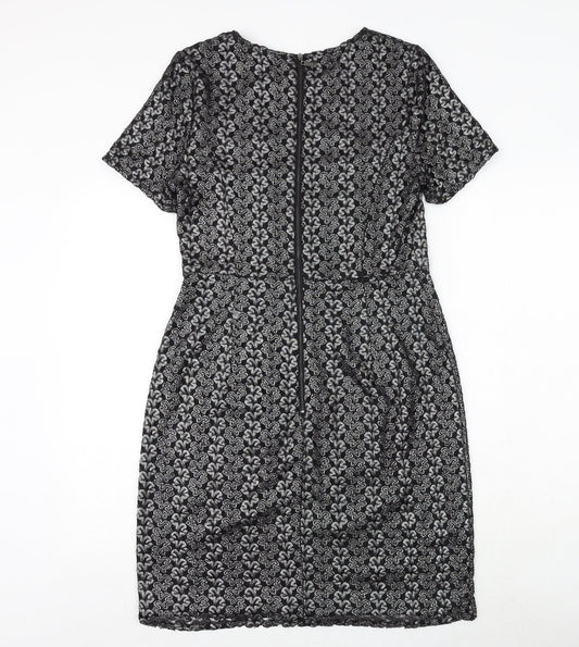 Marks and Spencer Womens Black Geometric Polyester A-Line Size 12 Round Neck Zip