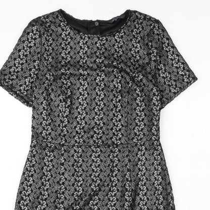 Marks and Spencer Womens Black Geometric Polyester A-Line Size 12 Round Neck Zip