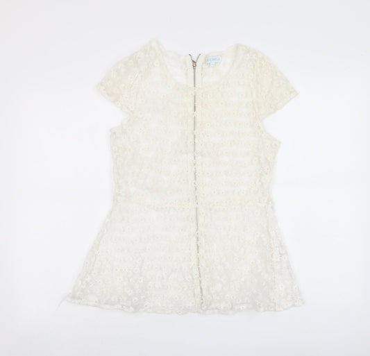 Blue Vanilla Womens Ivory Floral Polyester Basic Blouse Size L Round Neck