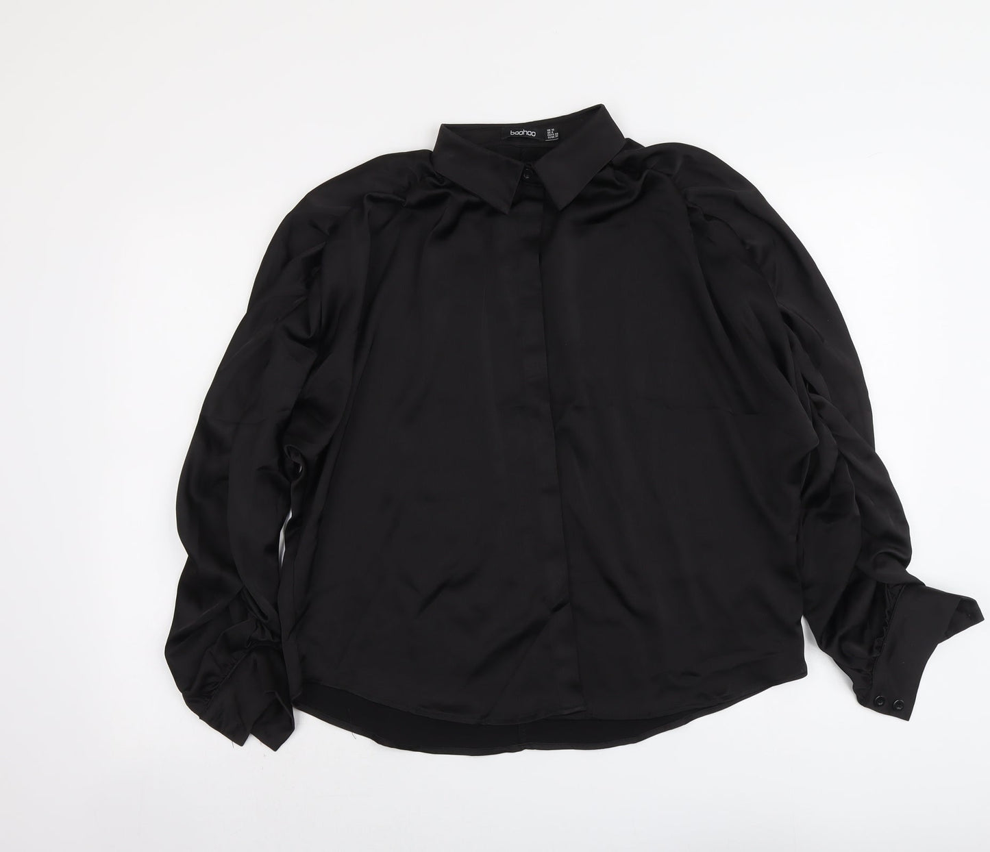 Boohoo Womens Black Polyester Basic Button-Up Size 10 Collared