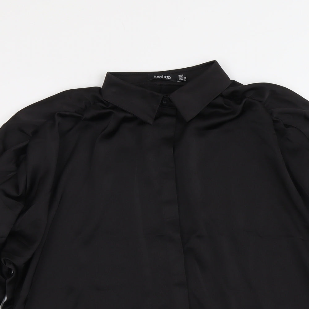 Boohoo Womens Black Polyester Basic Button-Up Size 10 Collared