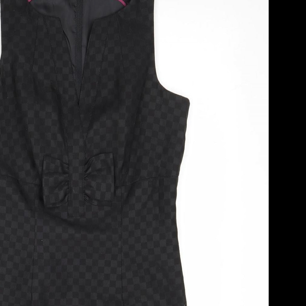 NEXT Womens Black Geometric Polyester A-Line Size 12 V-Neck Zip