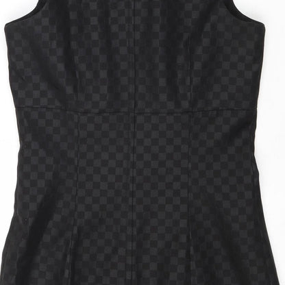 NEXT Womens Black Geometric Polyester A-Line Size 12 V-Neck Zip