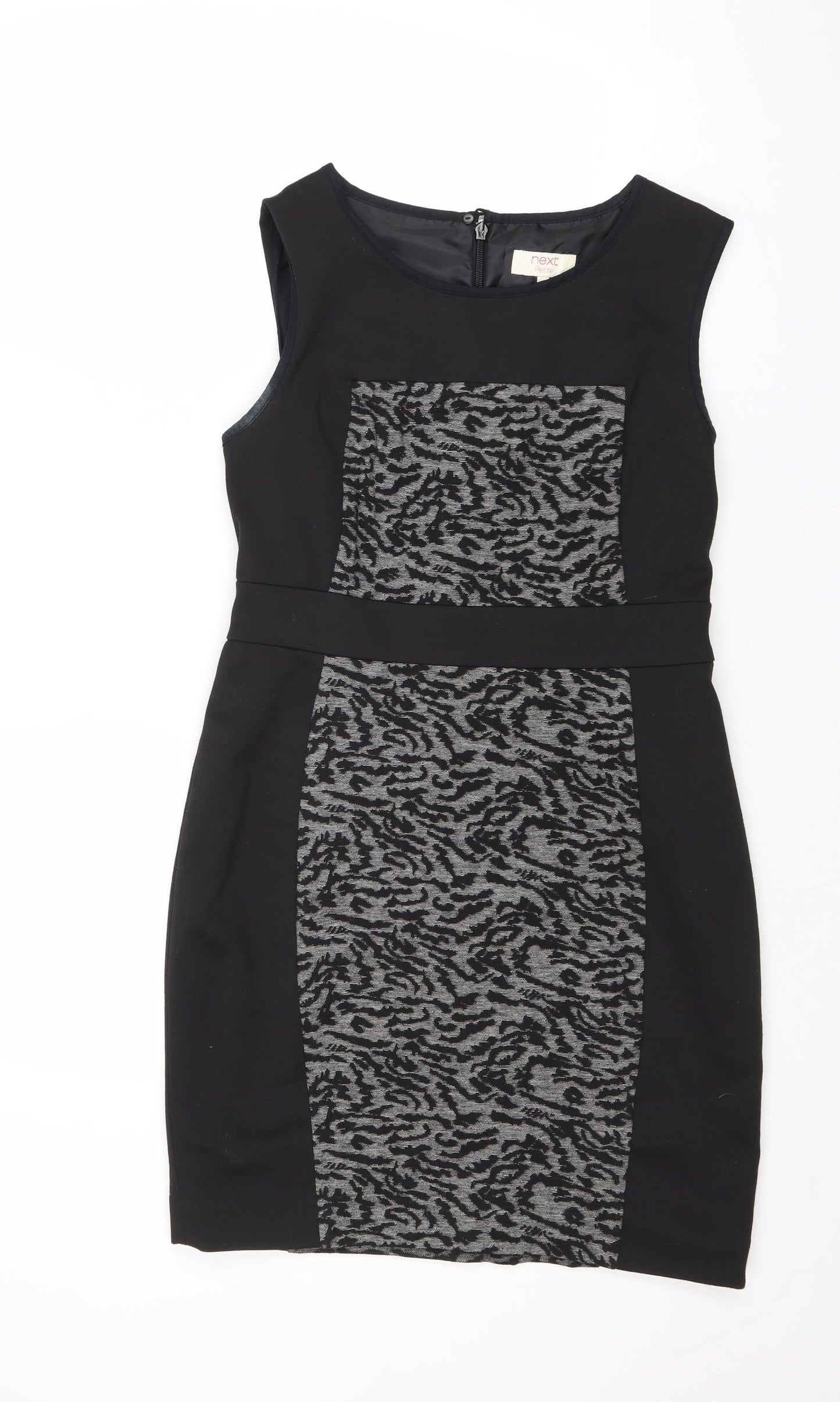 NEXT Womens Black Geometric Polyester A-Line Size 12 Round Neck Zip