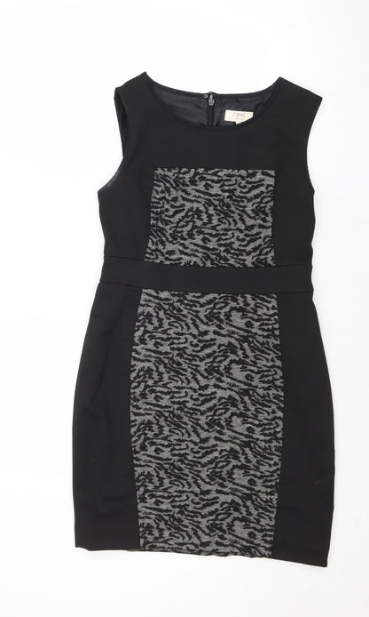 NEXT Womens Black Geometric Polyester A-Line Size 12 Round Neck Zip