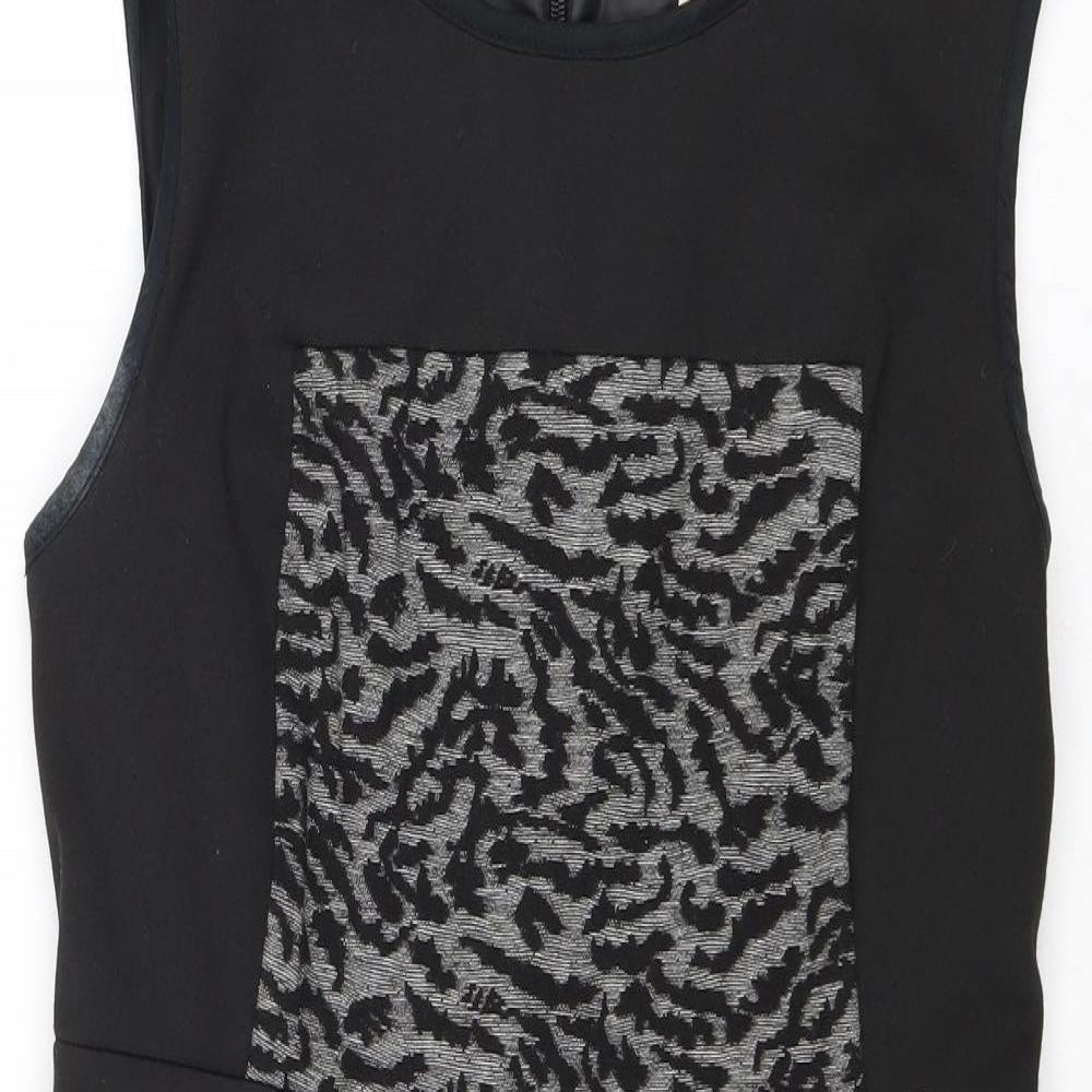 NEXT Womens Black Geometric Polyester A-Line Size 12 Round Neck Zip