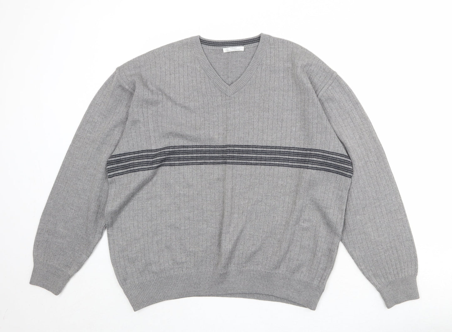 St Michael Mens Grey V-Neck Striped Wool Pullover Jumper Size L Long Sleeve
