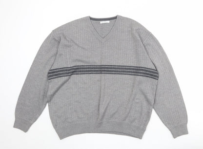 St Michael Mens Grey V-Neck Striped Wool Pullover Jumper Size L Long Sleeve