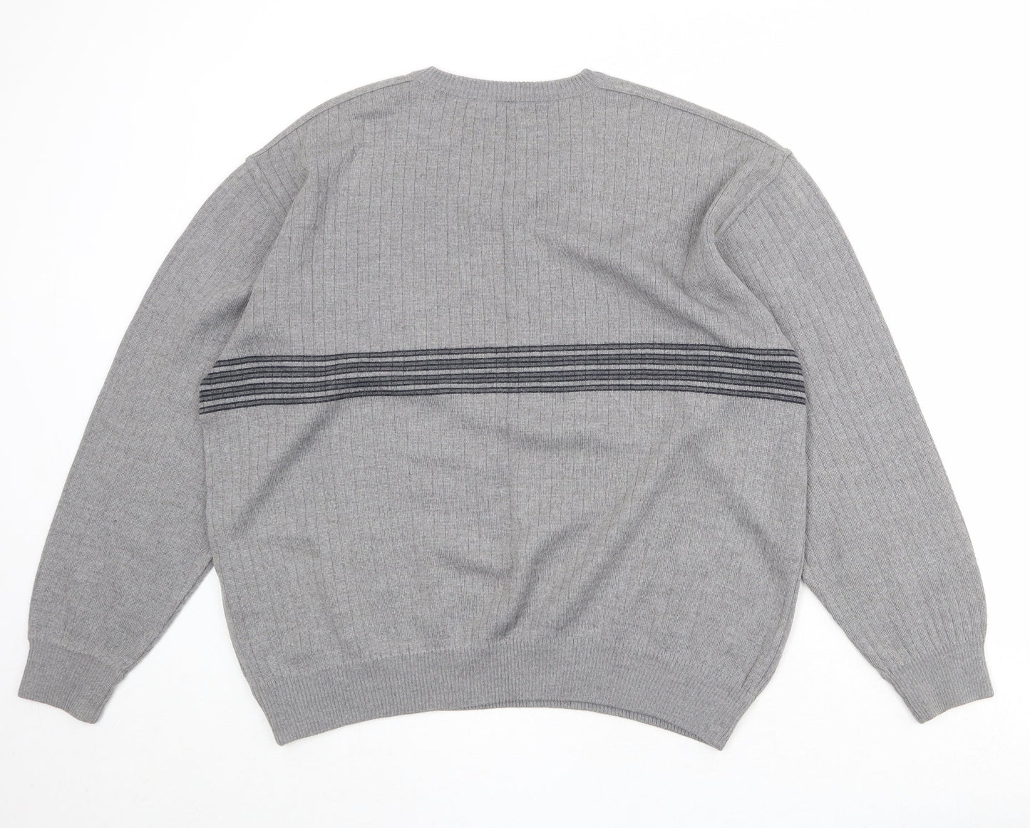 St Michael Mens Grey V-Neck Striped Wool Pullover Jumper Size L Long Sleeve