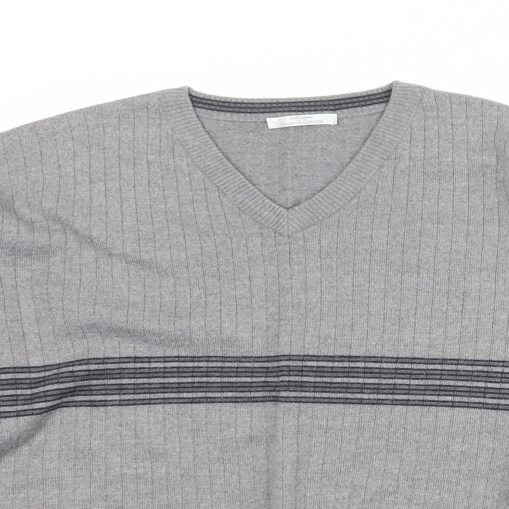 St Michael Mens Grey V-Neck Striped Wool Pullover Jumper Size L Long Sleeve
